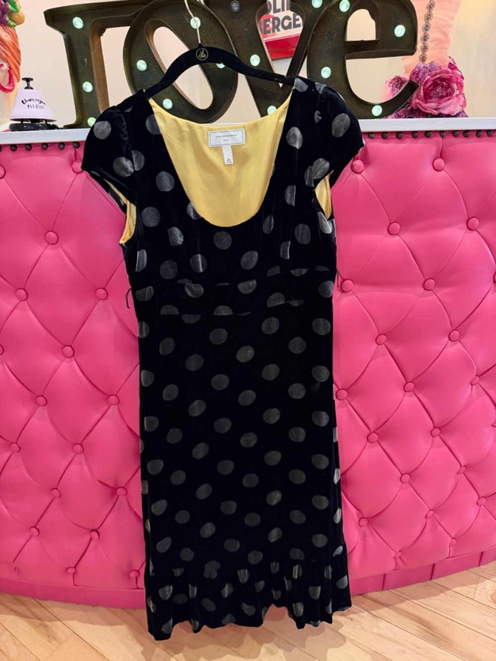 Black Polka Dot Silk Velvet Dress with Yellow Lining